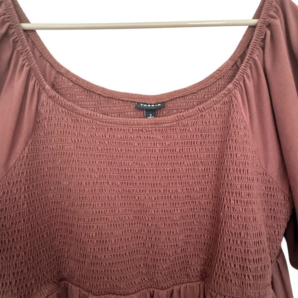 Torrid Brown Smocked Mini Dress Plus Size 2X Tiered Flutter Slv Cottagecore Boho - Picture 6 of 10